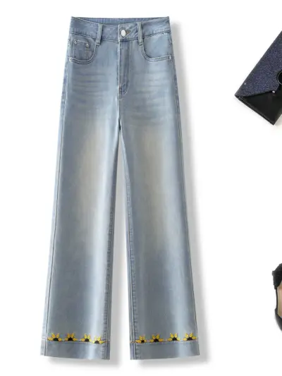 European Premium Heavy Floral Embroidery High-Waist Slimming Straight Jeans